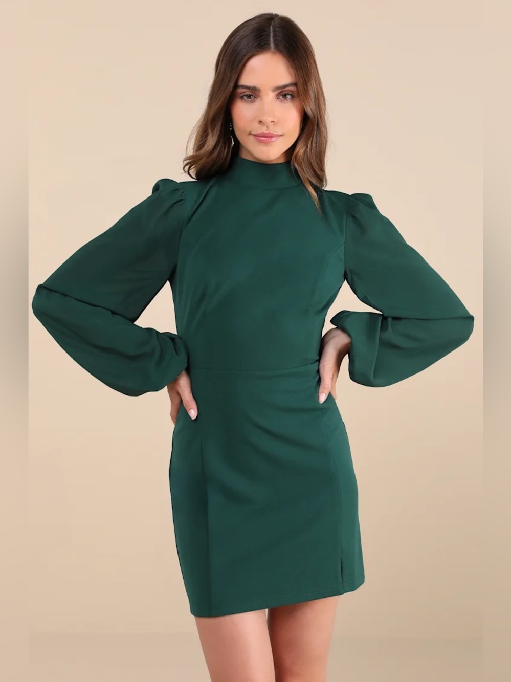 Backless High Neck Emerald Green Long-Sleeve Mini Dress